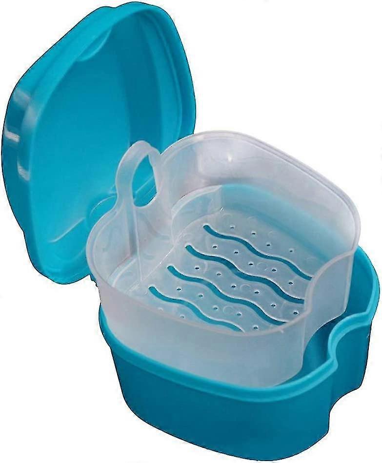 Denture Case Plastic False Teeth Bath Box Retainer Orthodontic Mouth Guard Storage Container Holder,denture Cleaning Box With Filter (light Blue)1pcs