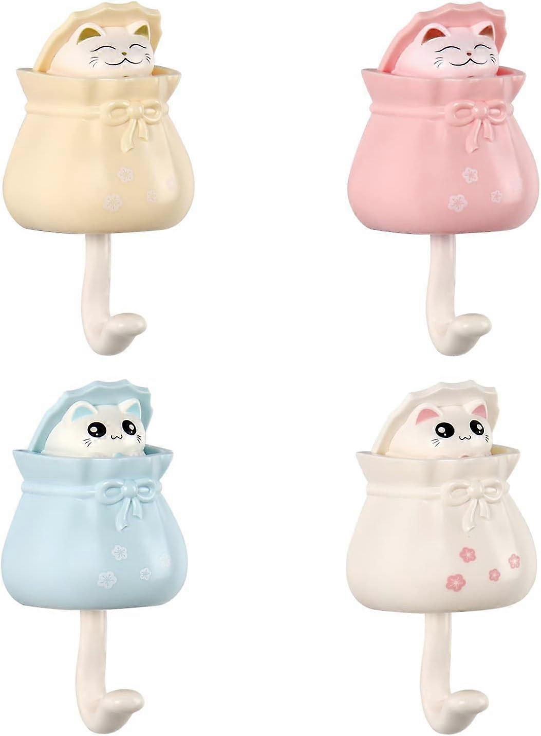 4 Pcs Cute Wall Hooks, Adhesive Cat Key Holder for Room Decor, Cat Coat ...