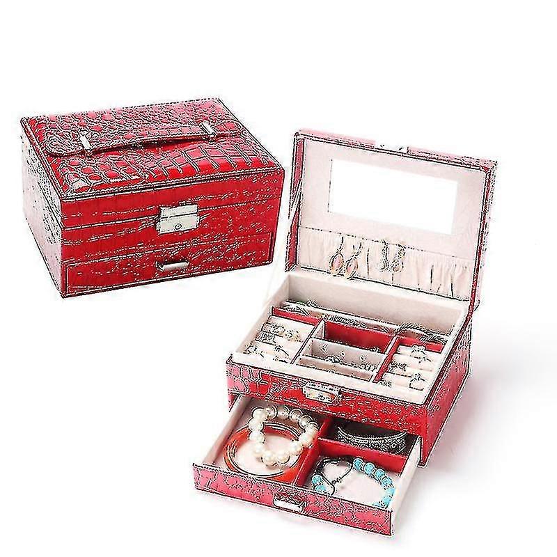 Fgao Double-layer Rectangular Crocodile Pattern Jewelry Storage Box(red)