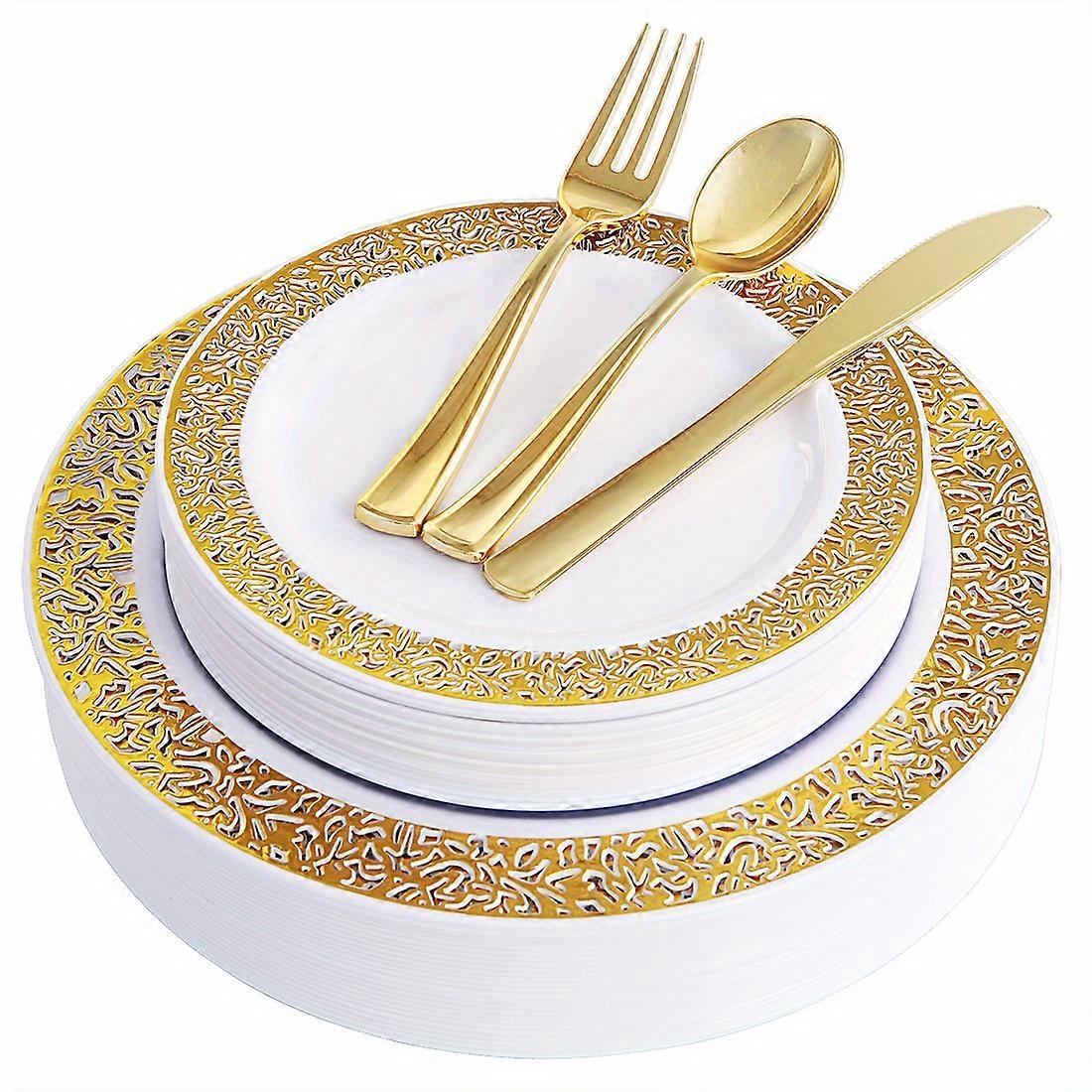 100pcs, Plastic Plates With Cutlery Set, Disposable Dinner Plates, Disposable Salad Plates, Golden Cutlery Sets With Fork Knife Spoon, Golden Plates F