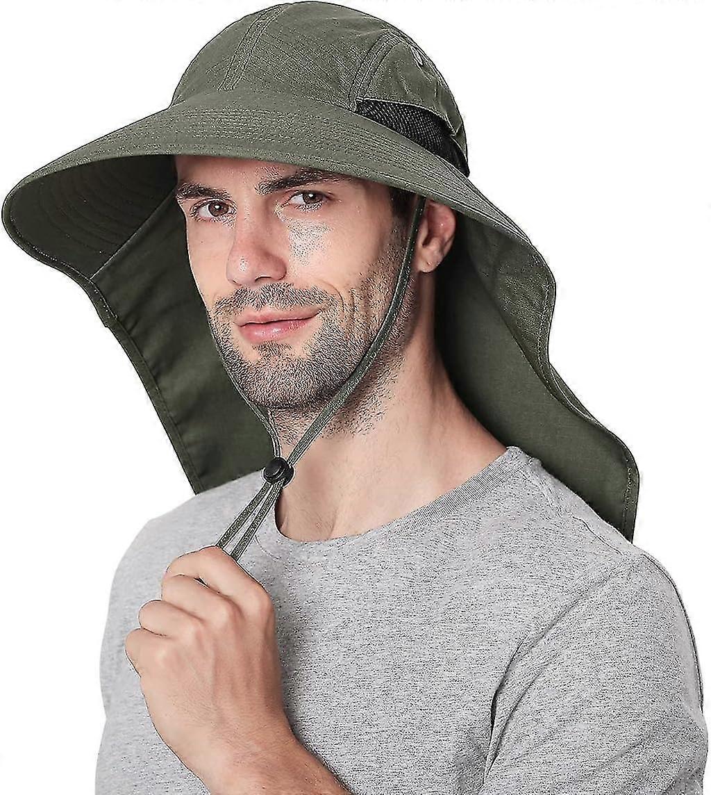 Sun Hat, Wide Brim Fishing Cap with Adjustable Chin Strap, Safari Boonie Hats with Neck Flap and Breathable Mesh in Outdoor Summer Beach