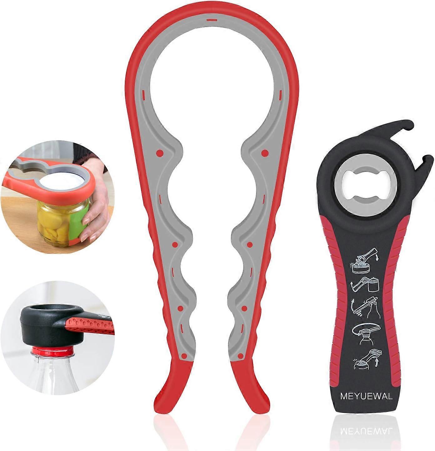 5 in 1 Multi Function Can Opener Bottle Opener Kit with Silicone Handle Easy to Use for Children, Elderly and Arthritis Sufferers (Apple Red