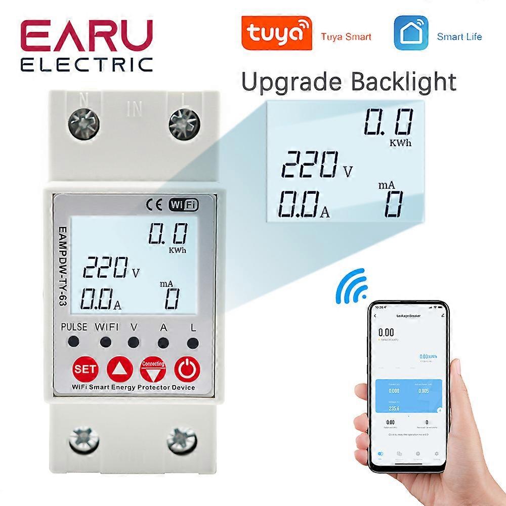 2P 63A TUYA APP WiFi Smart Circuit Earth Leakage Over Under Voltage Protector Relay Device Switch Breaker Energy Power kWh Meter