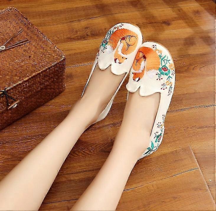 Petit renard brodé Ballerines | Chaussures plates pour femmes fabriquées à la main | Mignons renards ballerines chaussures plates |Brodé à la main Slip On Chaussures