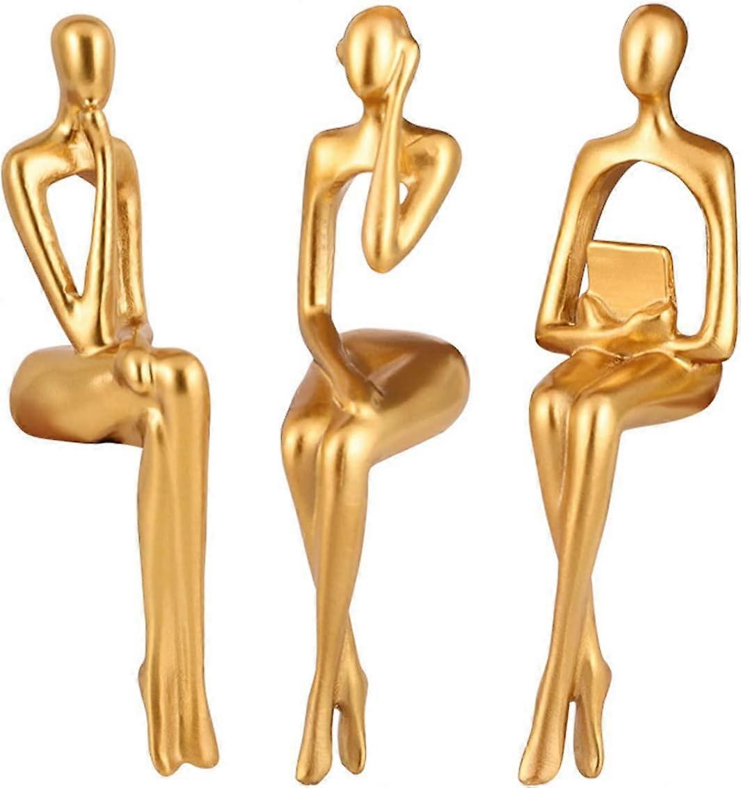 3Pcs Thinker Statue Decorated With Modern Abstract Art Gold Ornaments