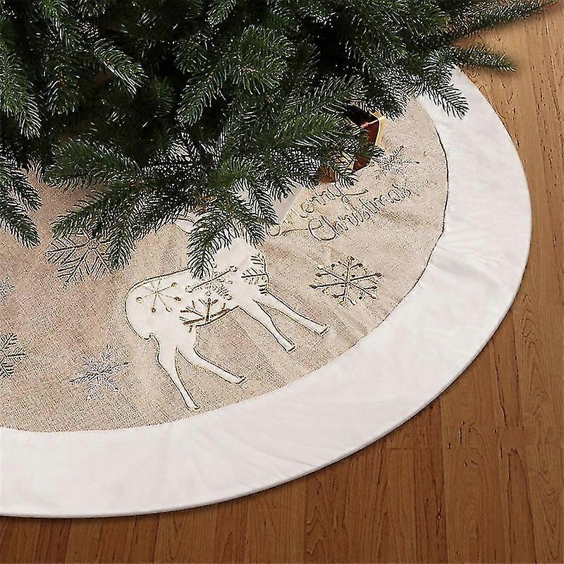 120cm Tree Stand Cover, Coarse Linen Christmas Tree Skirt, Elk And Snowflake Patterned Christmas Tree Mat For Christmas Tree Decoration Xmas Party Dec