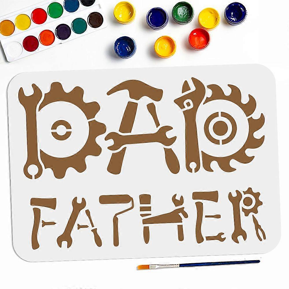 Father's Day Tools Stencil 11.78.3inch Father Dad Word Template with Paint Brush Gear Roller Father Hardware Tools Drawing Stencil for DIY Projects Cr