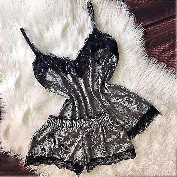 Women Lace Sleepwear Sexy Underwear Pajama Set Lace Strappy Top Lace Satin Shorts