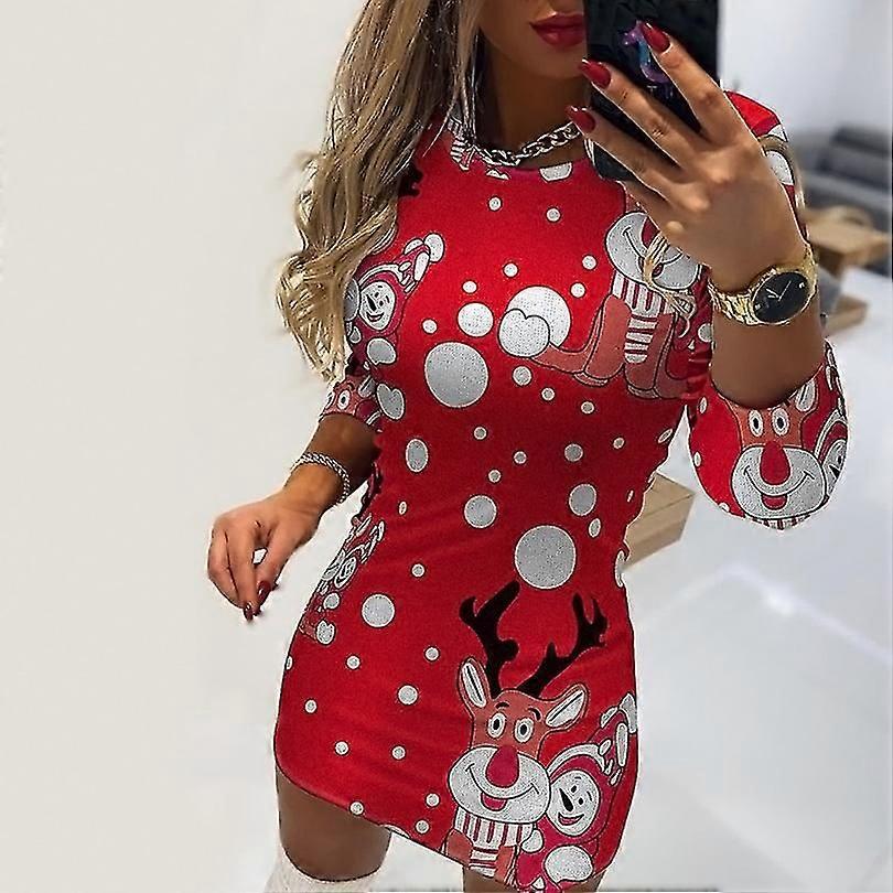 Hölgyek Divat Karácsonyi ruhák Elegáns Őszi Téli Újév Hölgyek Hosszú ujjú Rajzfilm Print Ruha Party Utcaruha