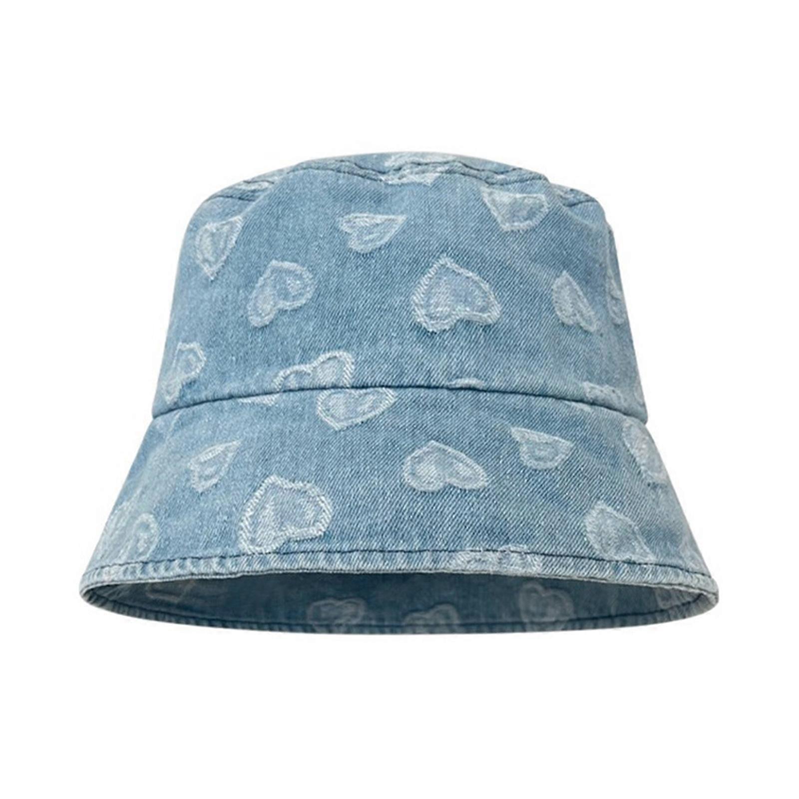 Sweet Style Heart Pattern Bucket Hat Summer Spring Foldable Fisherman Cap Summer Sunproof Supplies for Girlfriend light blue