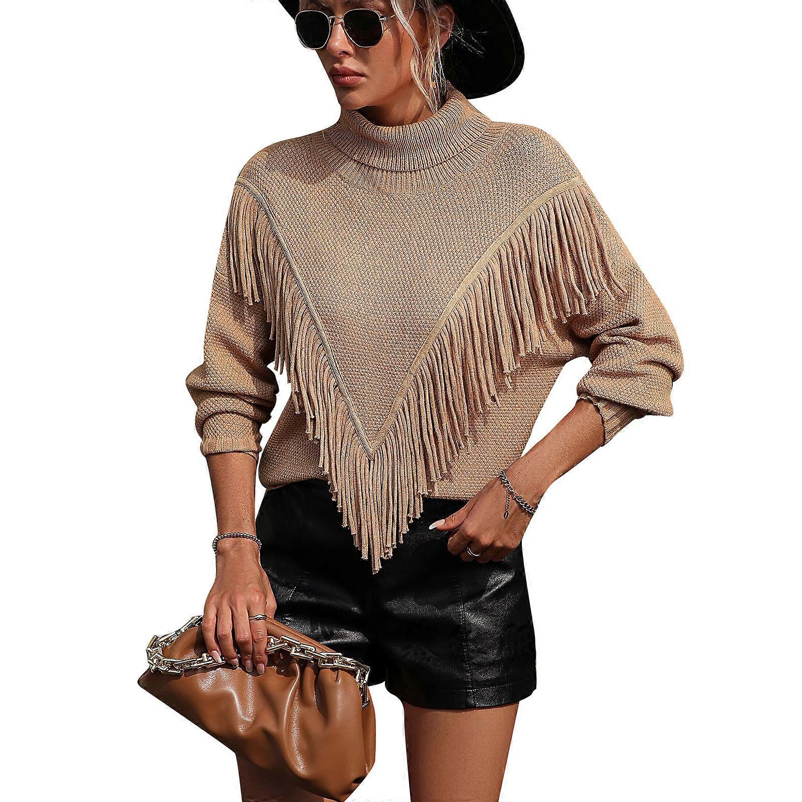 Womens Cable Knit Pullover Sweater Loose Long Sleeve Pullover High Neck Solid Color Sweater Warm Pullover  Khaki XL