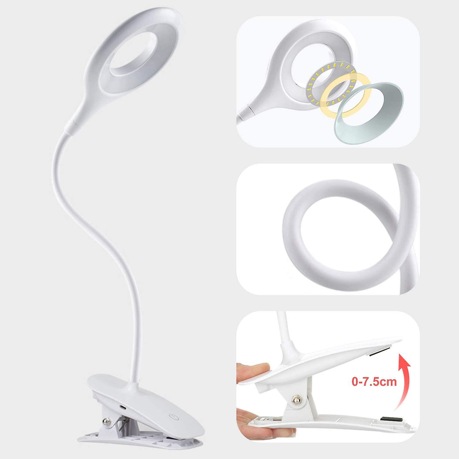 Led Desk Lamp, Usb Rechargeable Clipon Reading Lamp, 3 Light Modes And