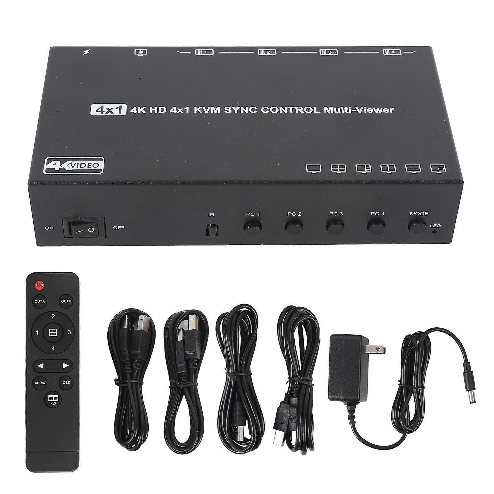 4 Ports HD Multimedia KVM Switch 4K 30Hz 4 in 1 Out Multiviewer Seamless Switcher with Remote Controller 6 Viewing Modes