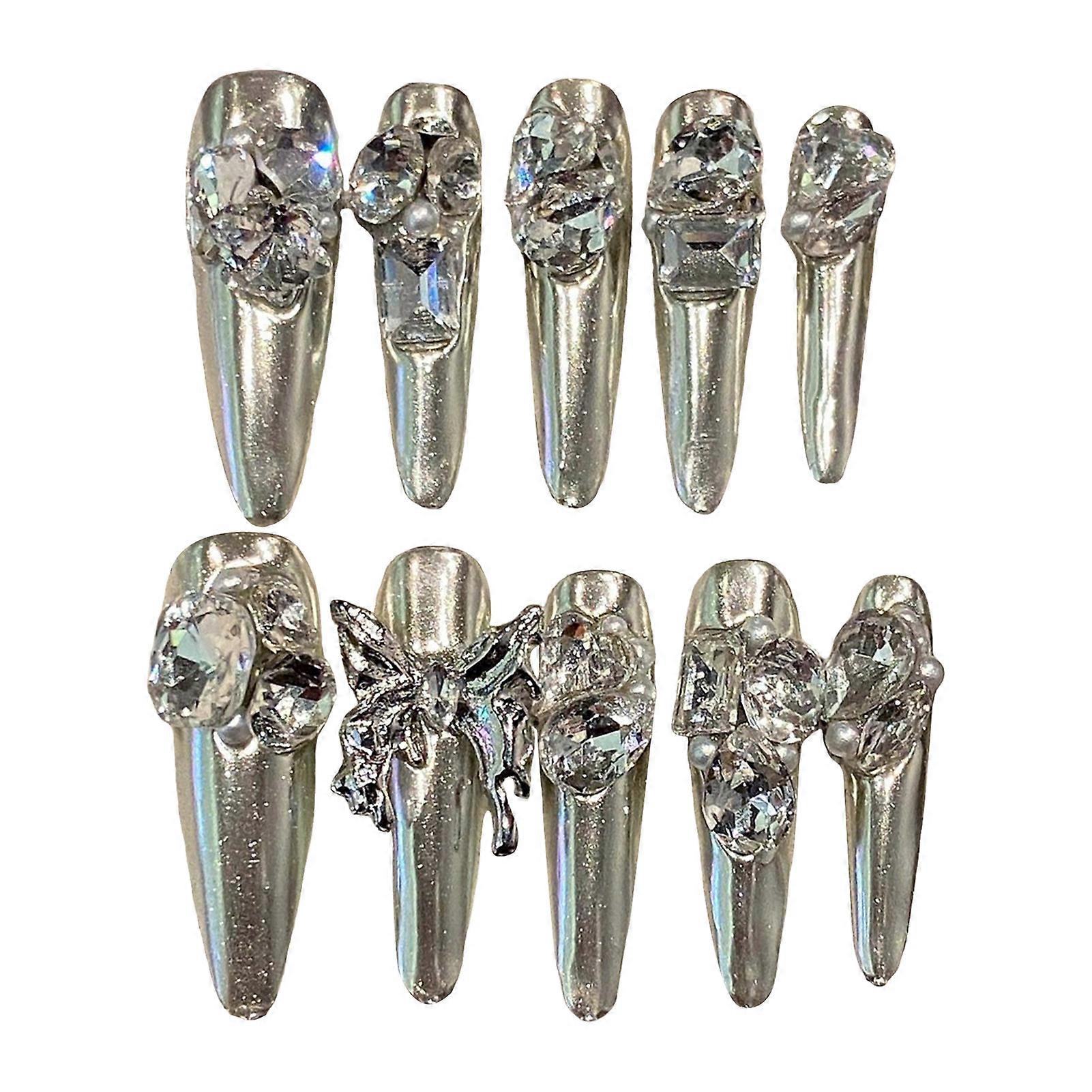 Long Artificial Nails Tips with Rhinestone Decor Charming Comfortable to Wear