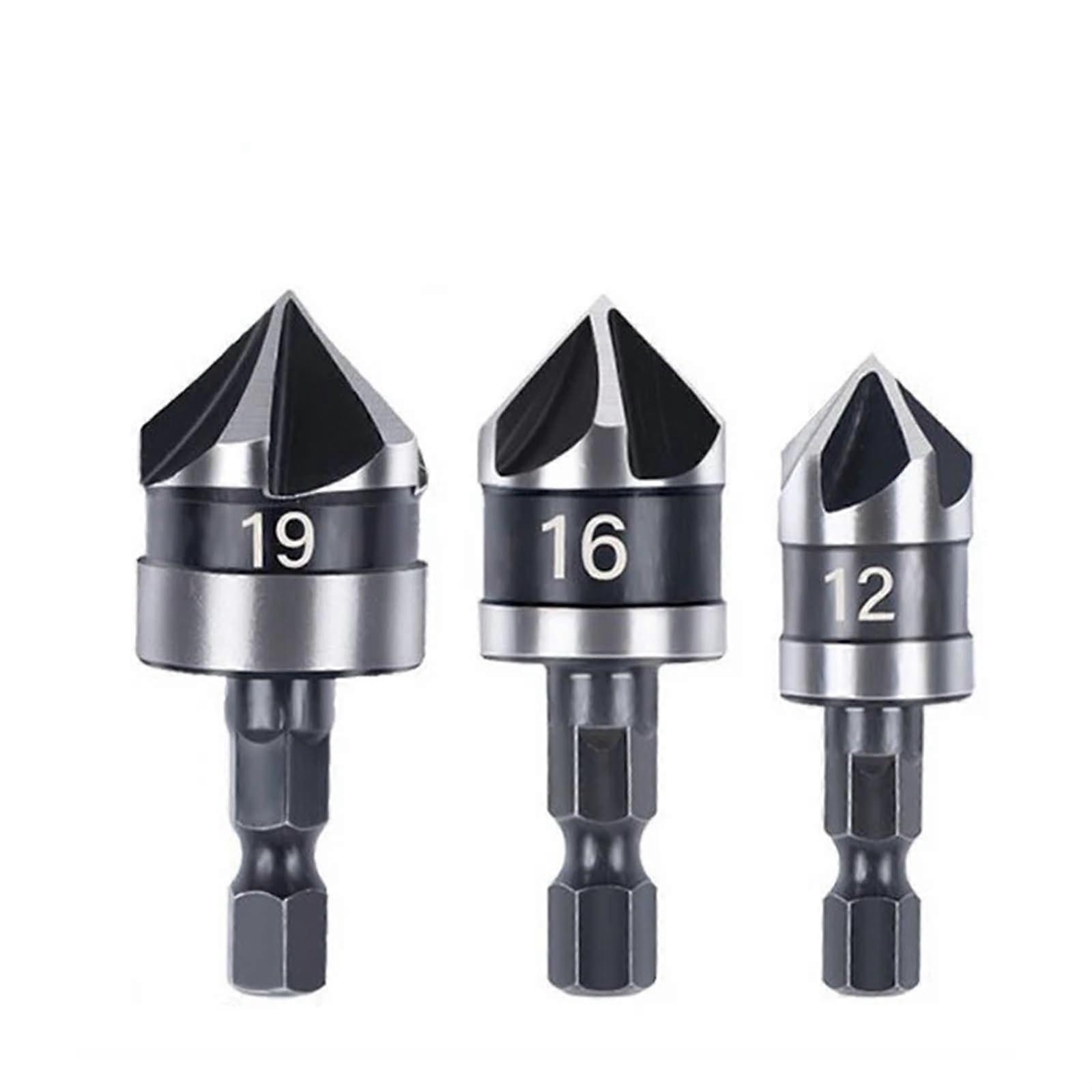 Countersink Drill Bit Set HSS Hex Shank 90° Chamfer Carbon Steel Woodworking Tools 3PCS