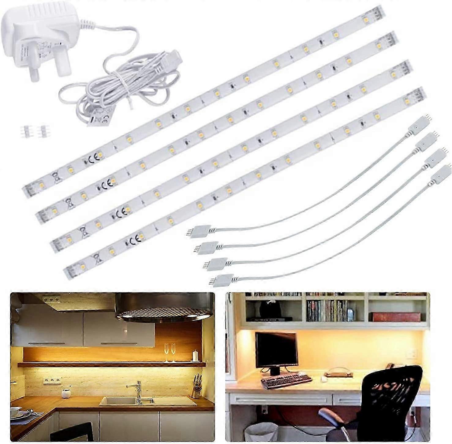 LED Under Kitchen Cupboard/Cabinet Strip Lights, Linkable Plug in Light Bars for Shelf Closet Showcase Bedside Under Counter (Warm White, 4 x 30cm)