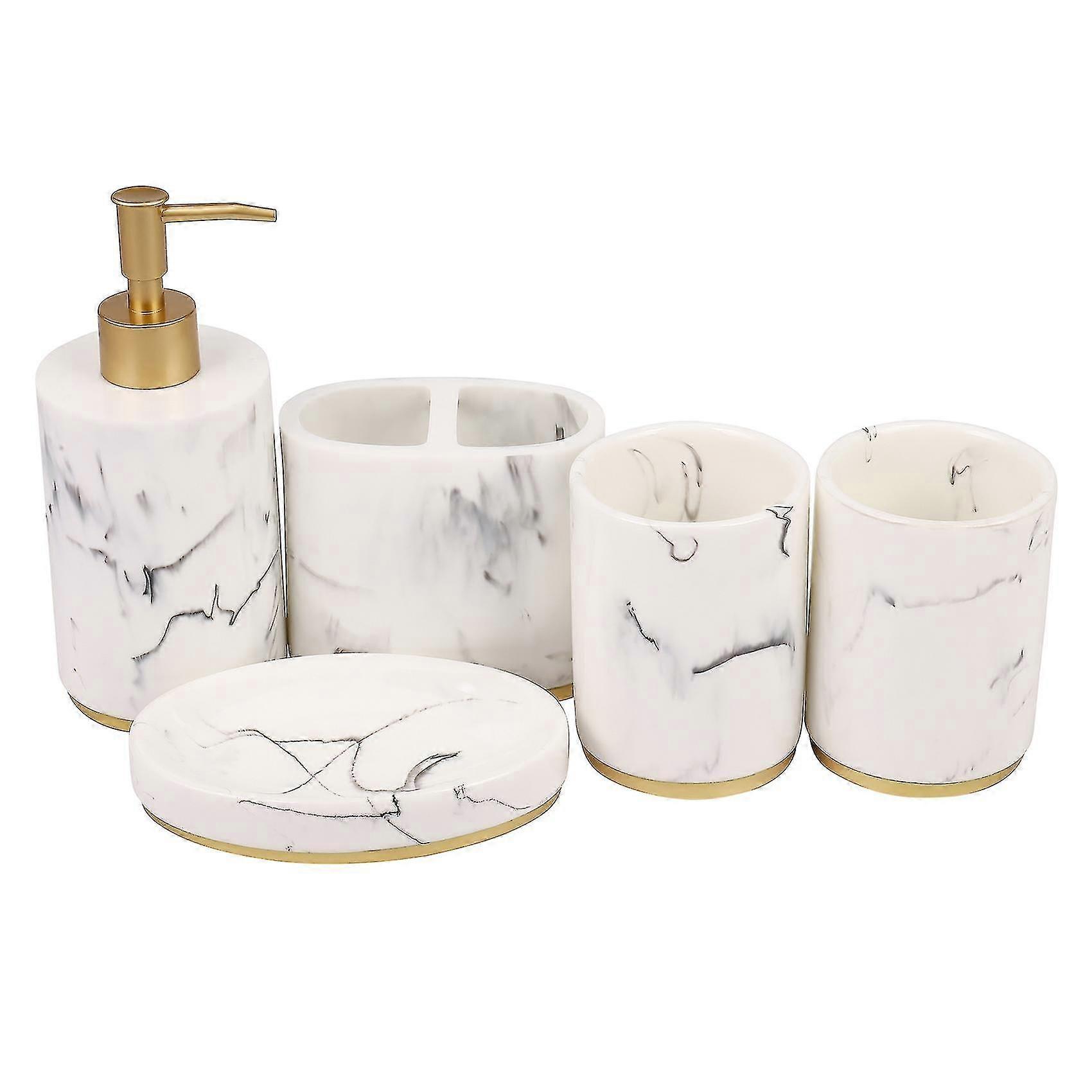5-Piece Bathroom Accessories Set with Soap Dispenser, Toothbrush Holder & Modern Matching Pattern for Sink Countertop Decor