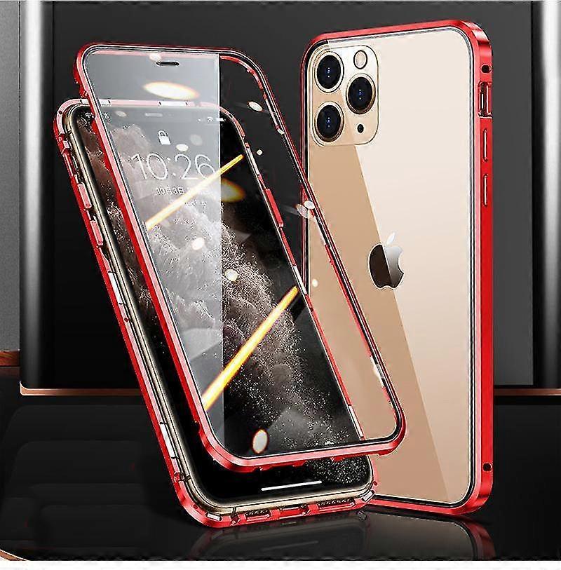 Magnetic case with double-sided tempered glass compatible with certain smartphone models like iPhone 7, 8, and SE2020