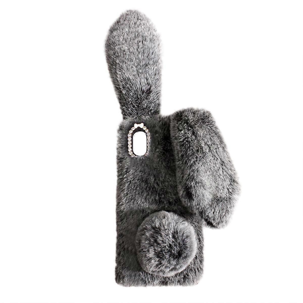 Funny Cell Phone Case Rabbit Shape Plush TPU Winter Warmth Daily Use Dark Grey Protective Cover 1Pcs