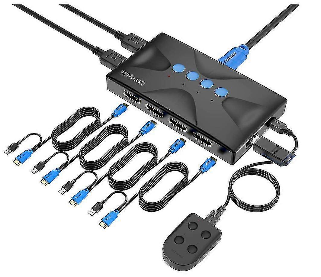4-port HDMI KVM switch with control, MT-HK04 USB KVM switch with 4 4K 2K @ 30Hz 2-in-1 KVM cables (black)