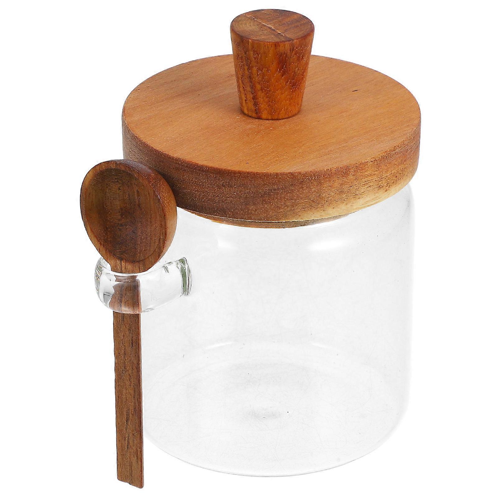 Elegant Glass Honey Container with Wooden Lid and Dipper – Stylish Retro Design for Fresh Storage and Easy Serving in Kitchen Decor
