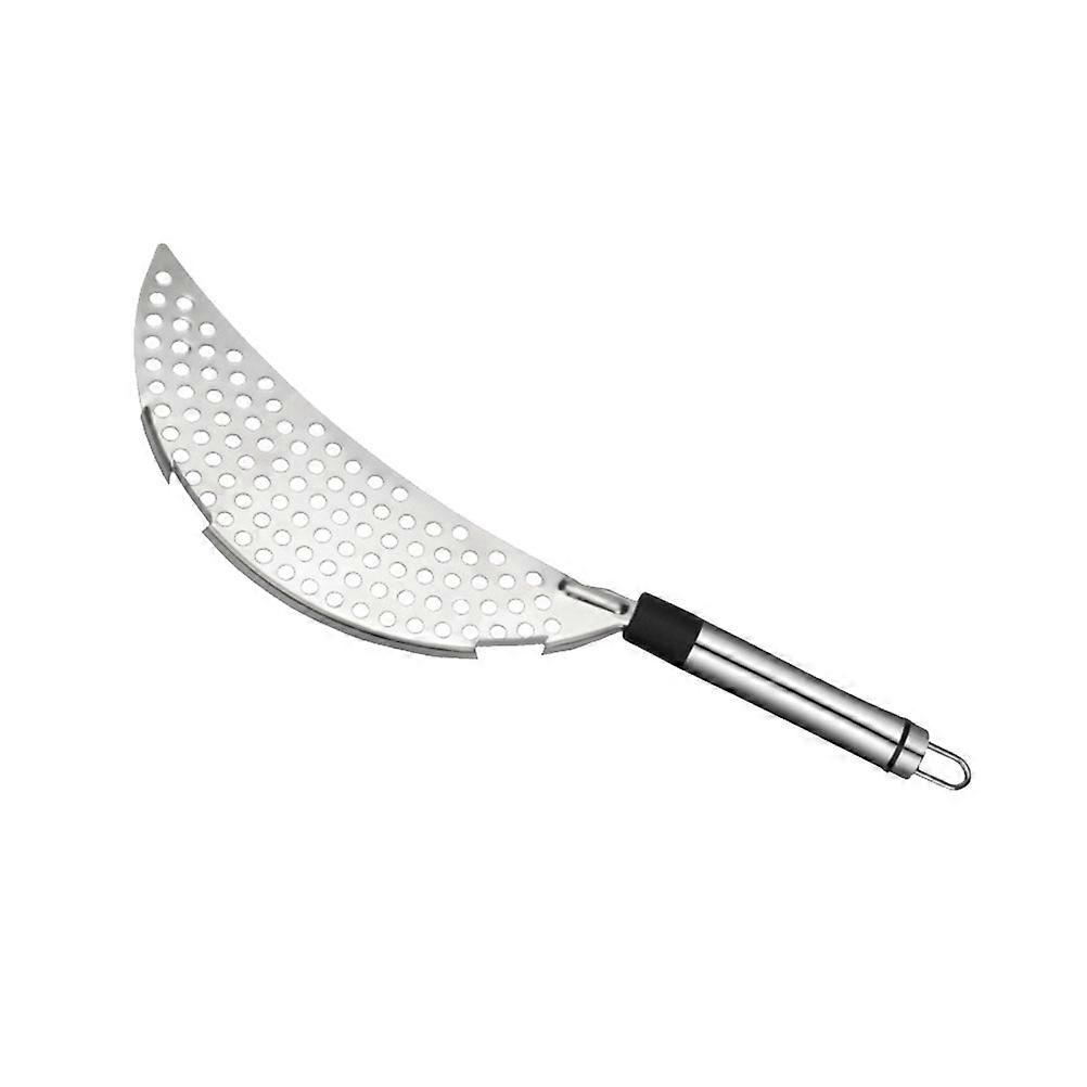 Stainless Steel Fry Drainer Pot Strainer with Crescent Design, Handheld Kitchen Utensil for Easy Liquid Drainage, Compatible with Pots and Pans,
