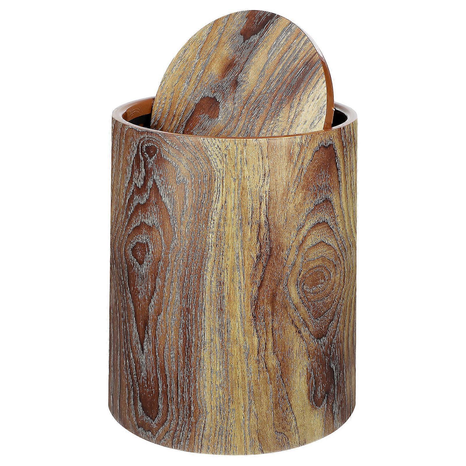 Desk Garbage Can Imitation Wood Grain Trash Can Swing Lid Retro Style For Living Room Light Brown Round 1Set