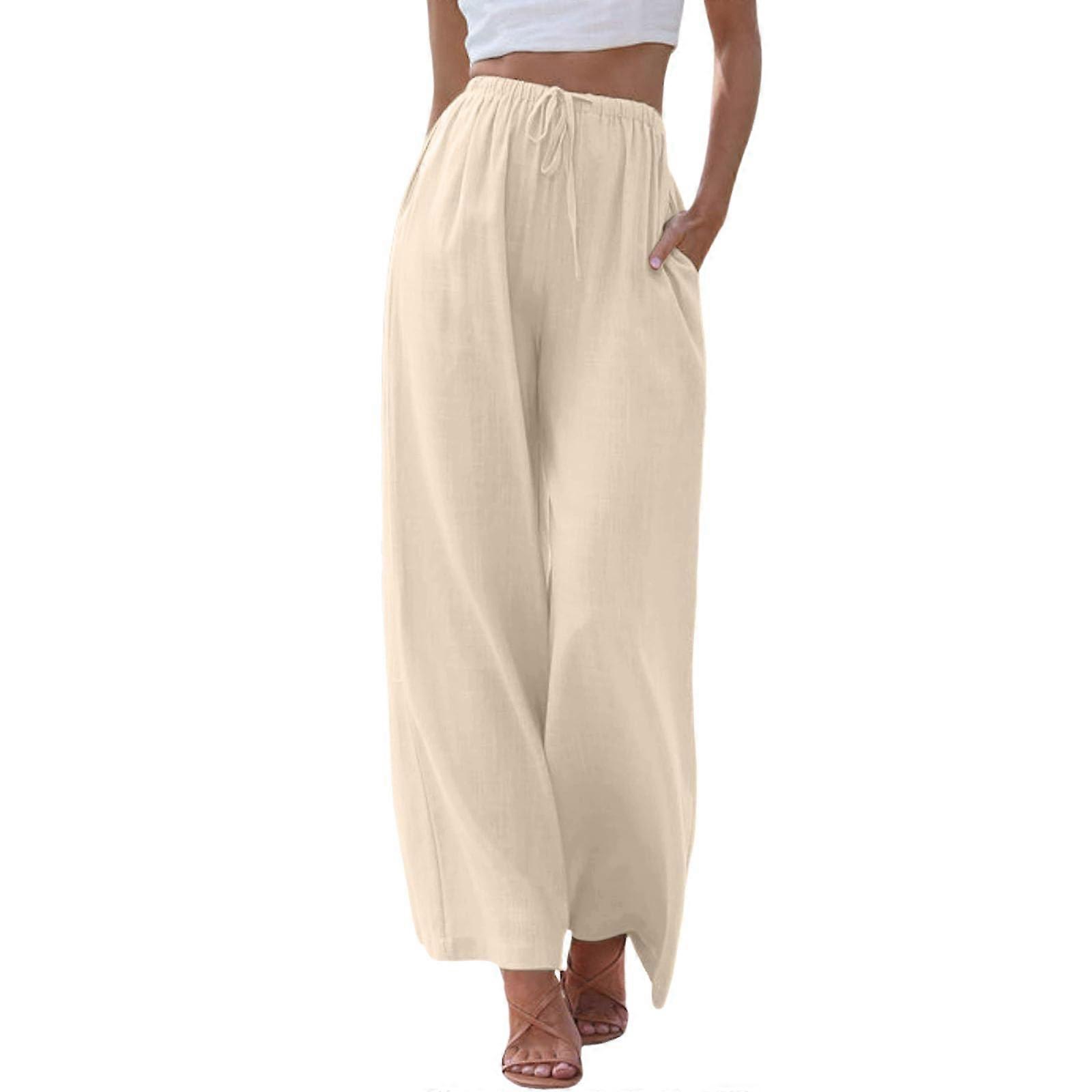 Women's Oversize High Waist Linen Muslin Long Cotton Plus Sizes Beige Casual Pants with Pockets and Drawstring