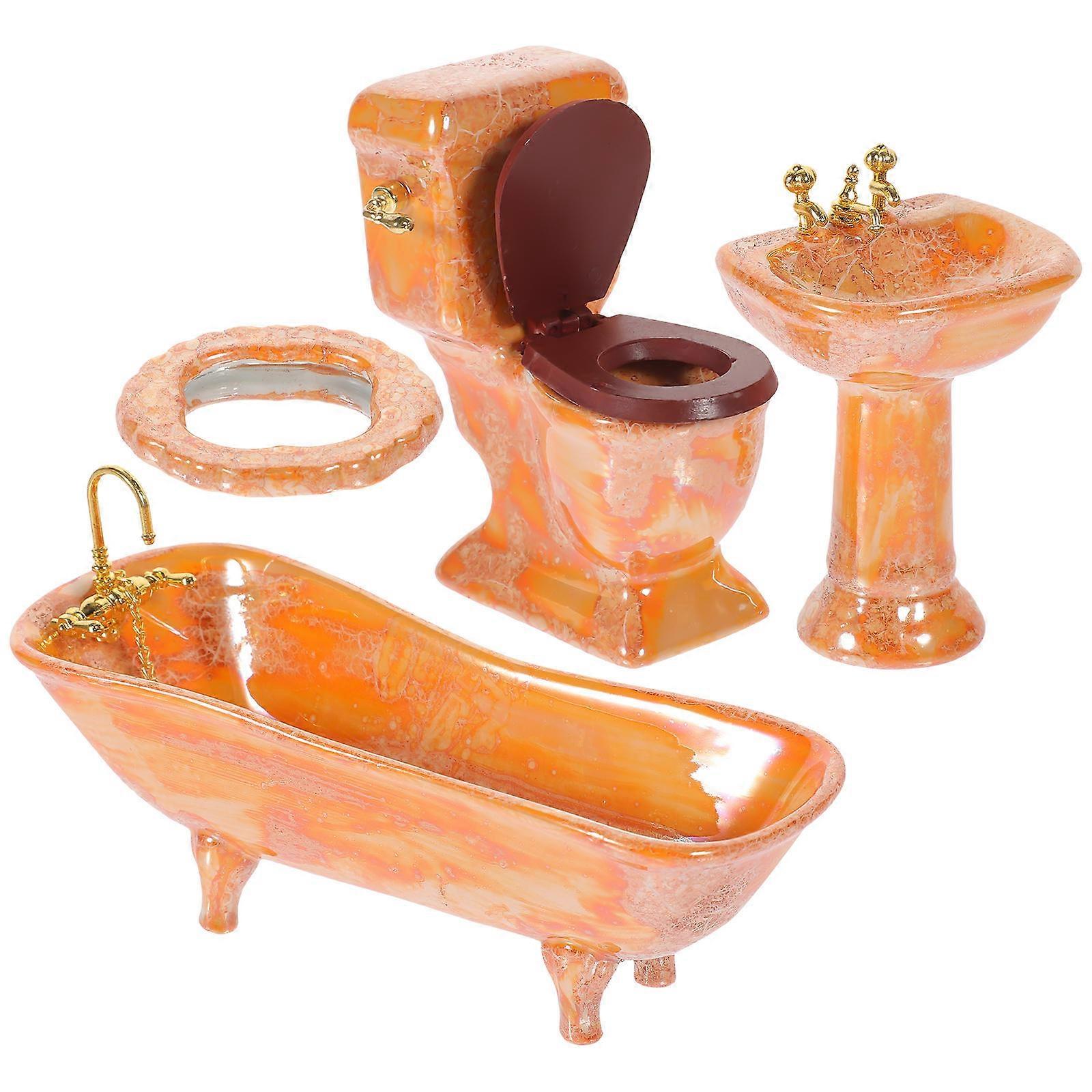 Ceramic Dollhouse Bathroom Set with Orange Accessories for Decorative Use in Miniature Settings 1