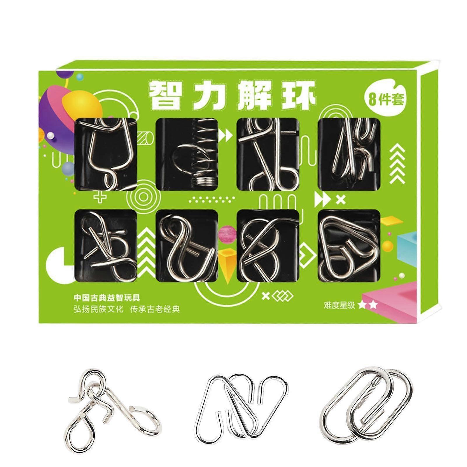 Metal Puzzle Toy - 8 Piece Iron Link Disentangle Puzzle Game, IQ Test Decompression Toy in Green Box, Safe Thinking Challenge