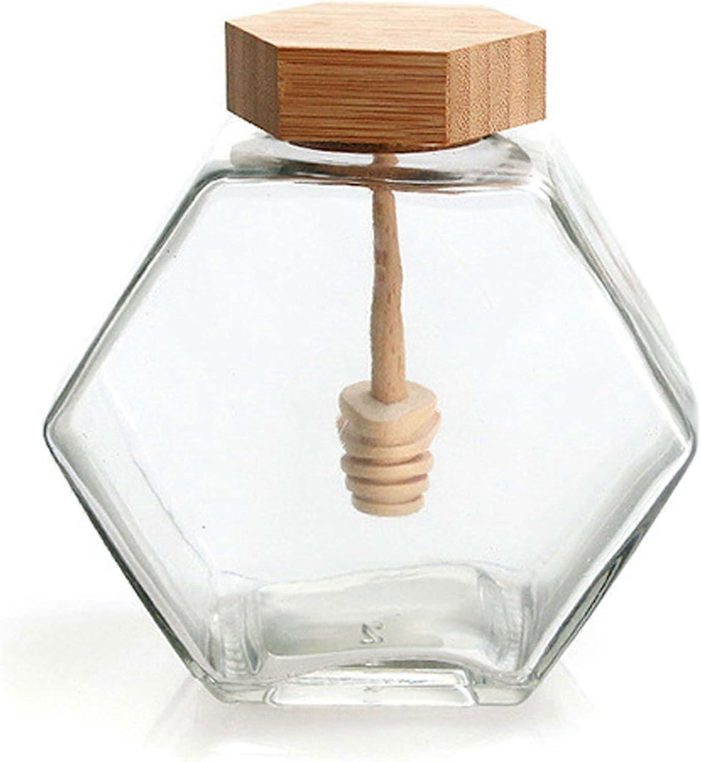 Glass Honey Jars Hexagon Shape 380ml Jar With Wooden Dipper And Lid, Easy Pour Honey Dispenser Transparent