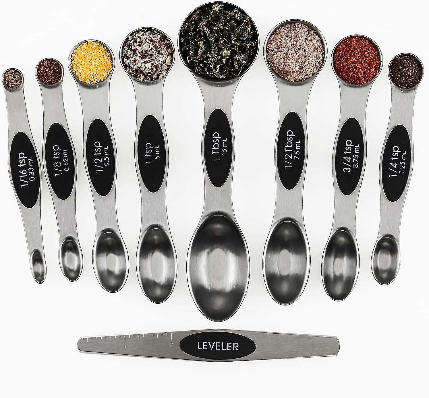 Magnetic Measuring Spoon Set of 9 Stainless Steel Double-Sided Stackable Teaspoon Tablespo