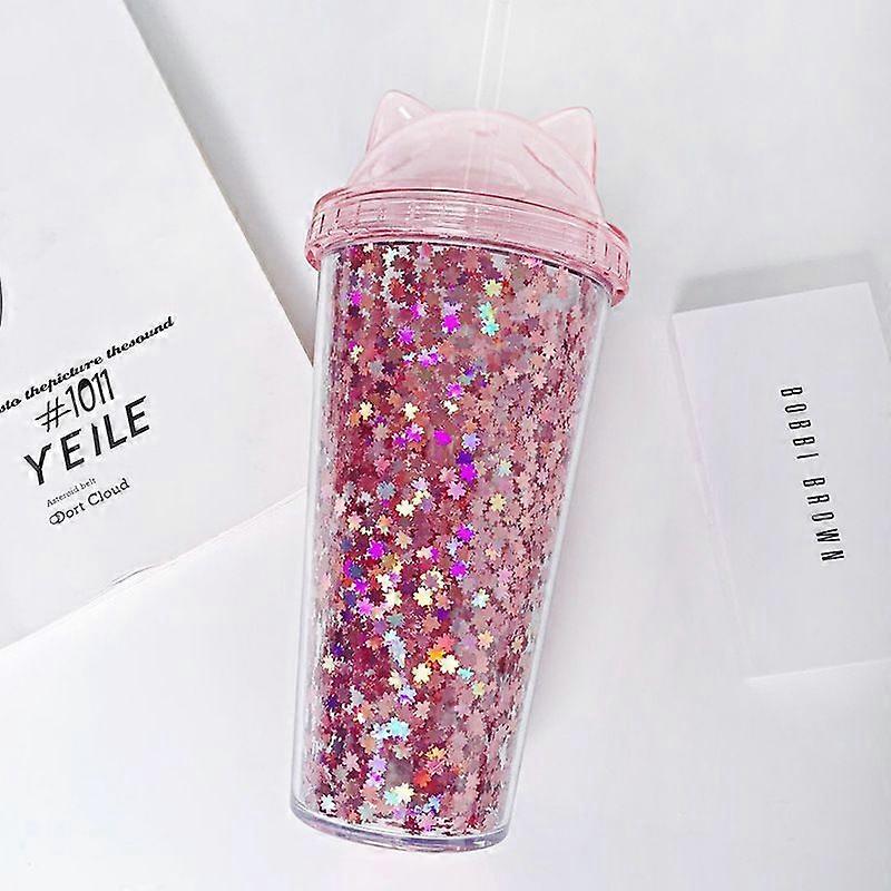 Plastic DoubleLayer Tumbler with Cat Ears, Straw, Sequins – Pink
