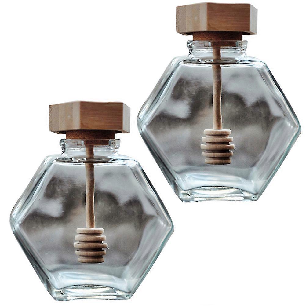 Bee Honey Pot Glass Container for Storage 2Pcs with Wood Lid and Rod