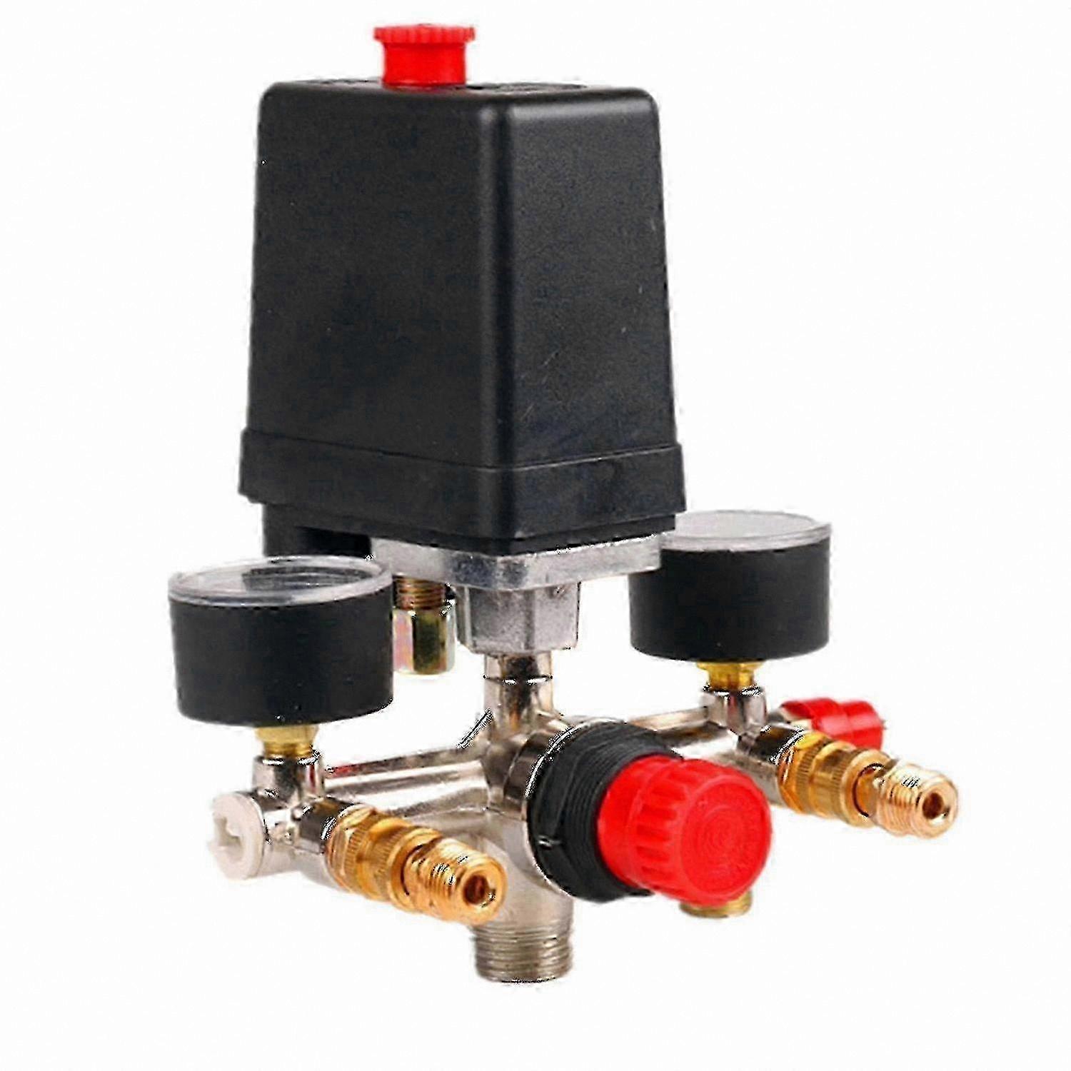 Durable Air Compressor Manifold Regulator with Pressure Gauges, 90-120 PSI Range & Switch Control hwy