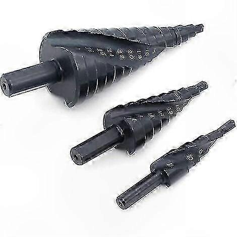 3-Piece HSS Nitrided Spiral Step Drill Bit Set for Hole Cutting and Enlarging in Sheet Metal, PVC, and Woodworking Projects (Sizes: 4-12mm, 4-20mm, 4-