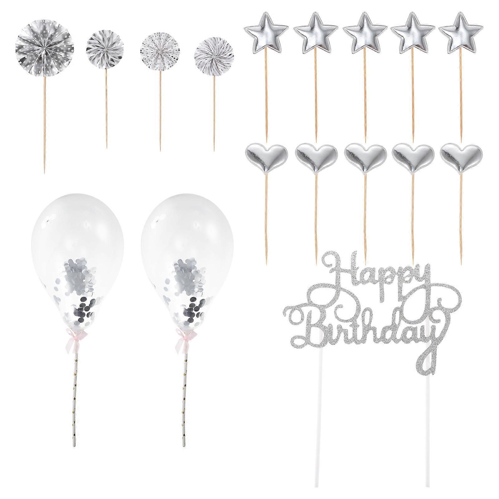 Birthday Topper Cake Picks for Home 17Pcs Set Silver PU Material