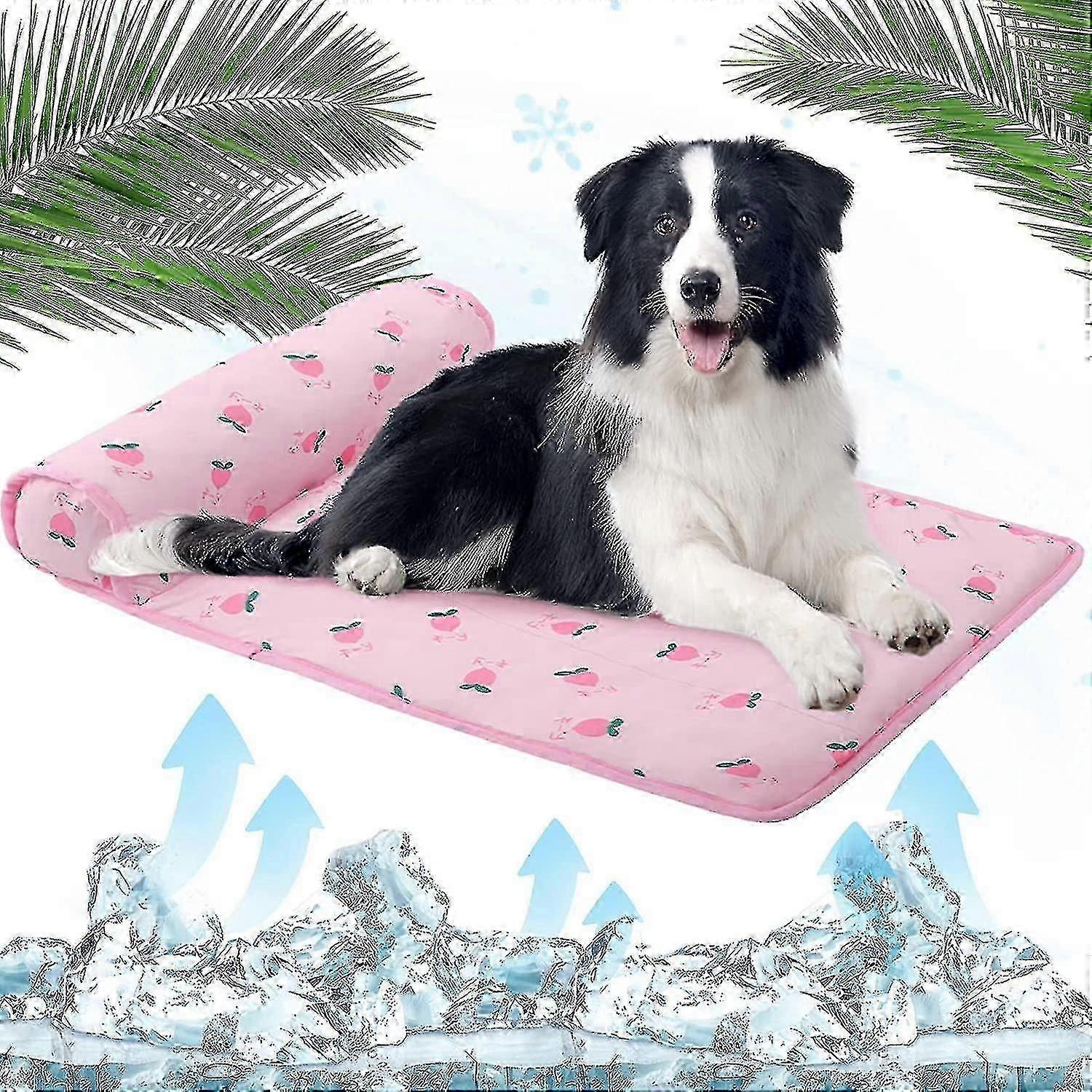 Lit de refroidissement pour chien, tapis de chenil en soie de glace auto-refroidissant pour animaux de compagnie avec oreiller pour l’été chaud