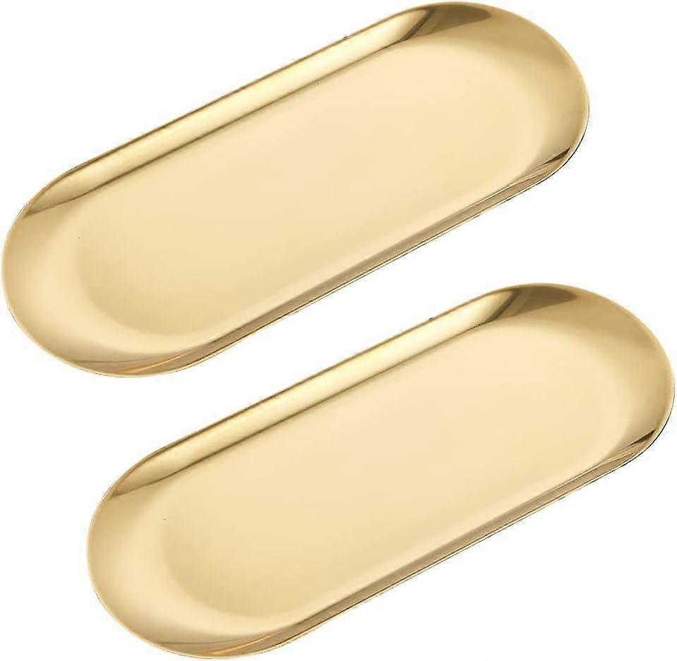 Sett med 2 ovale gullgnistrende metallserveringsbrett 9 tommers dekorative messingbrett med speil F