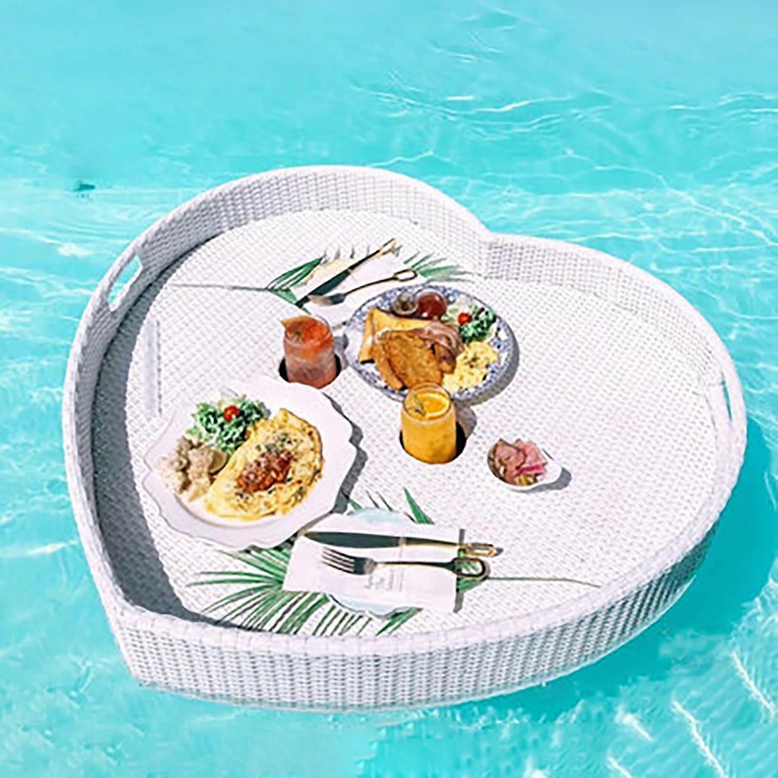 HeartShaped Rattan Floating Pool Tray, Large White Serving Holder for Drinks and Snacks 85x82cm