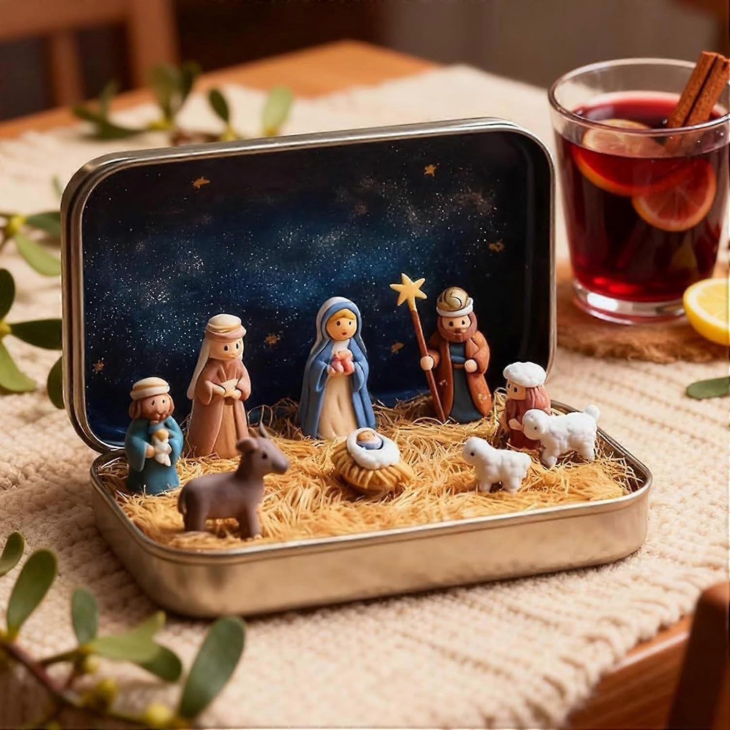 Mini Nativity Set in Tin Box with Hand Painted Resin Figures, Pocket Size Christmas Scene