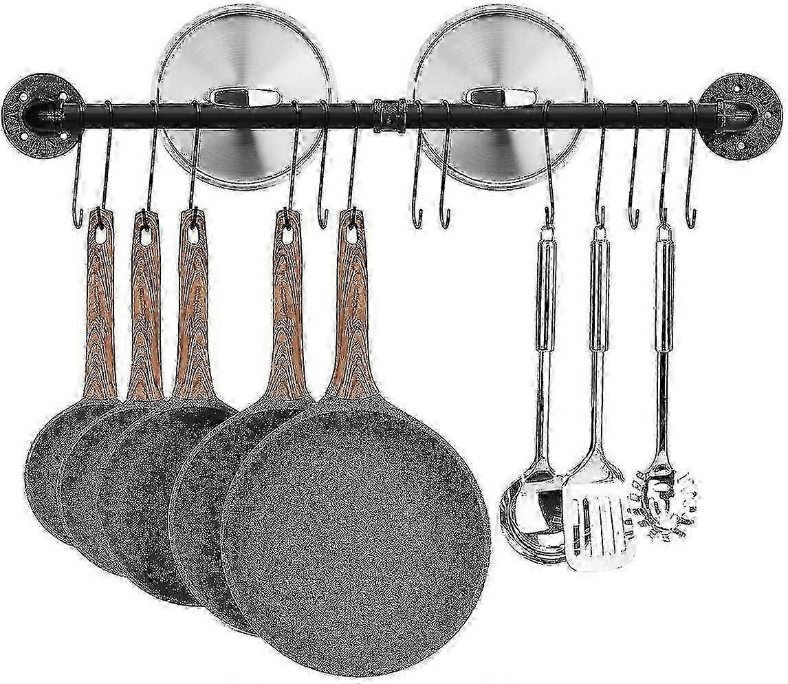 80cm Wall Mounted Iron Kitchen Rack with 14 Hooks for Utensils & Pans