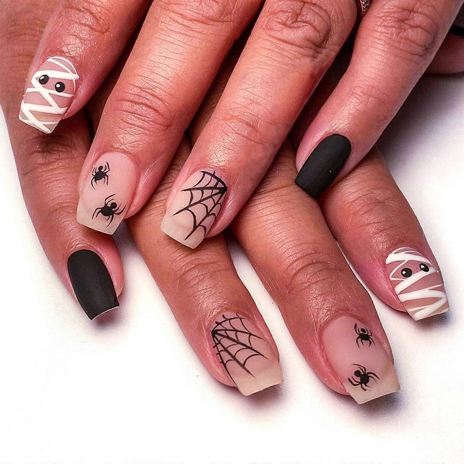 Halloween Press On Nails Medium Square Black Nude Spider Web Ghost Design 24pcs Full Cover