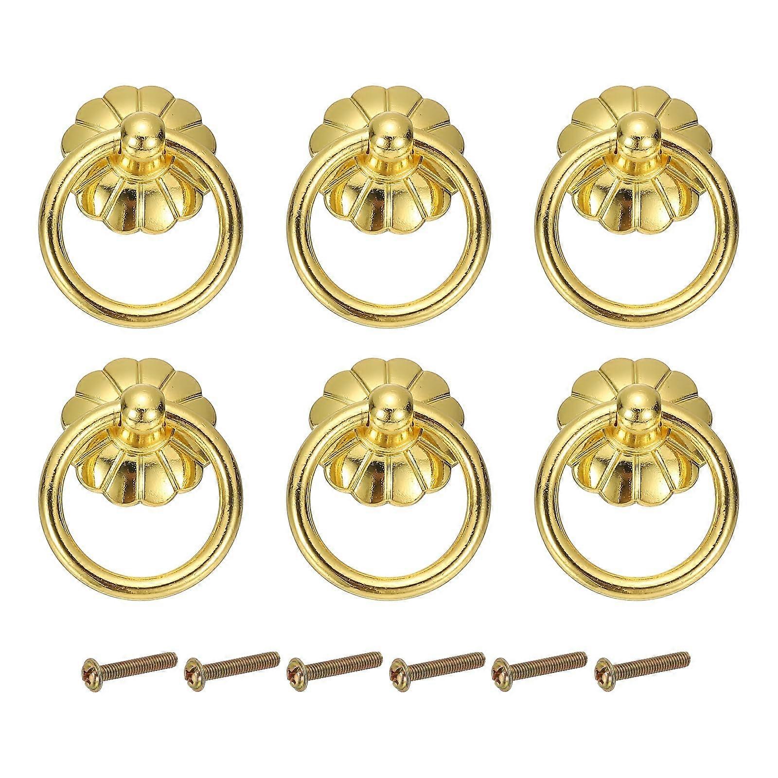 6 Pack Retro Gold Cabinet Pull Handles, 1.65' Zinc Alloy Round Drawer Ring Pulls with Screws