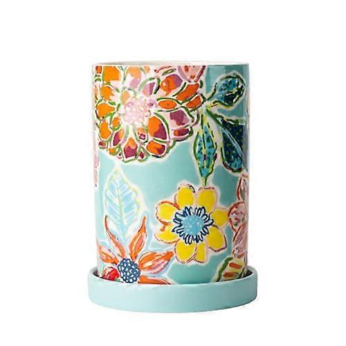 Ceramic Utensil Holder with Drain Tray, Large Kitchen Crock, Flower Design, Easy Clean Surface