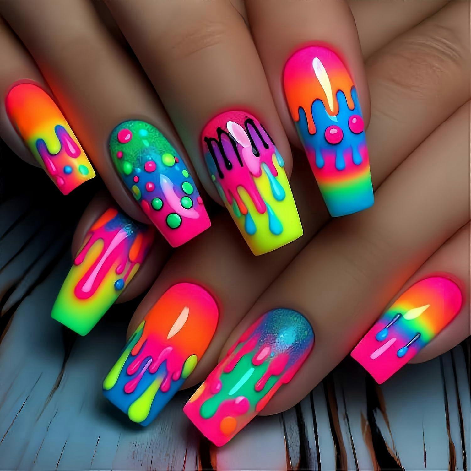 Medium Coffin Glitter Press On Nails Set with Colorful Gradient Acrylic Reusable False Nails