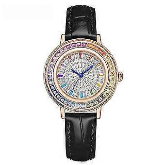 MOKAGO Damen-Luxusuhr – Lünette mit farbigem Edelstein, Gehäuse aus Roségold, Armband aus schwarzem Leder – Elegante Modeuhr