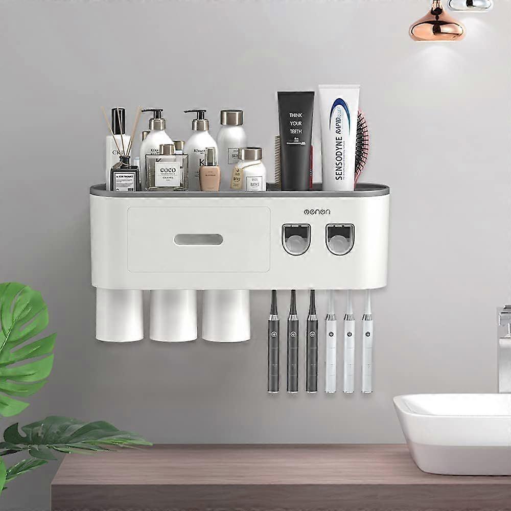 Wall Mounted Toothbrush and Toothpaste Holder with Two Automatic Toothpaste Dispensers, Gray, 3 Cups