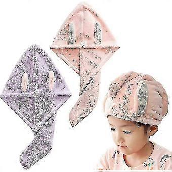 2 Pack Turban Hair Towel, Super Absorbent Quick-Drying Coral Fleece Hair Wrap for Women, Kids, Long Curly Hair, Light Purple & Pink CJT