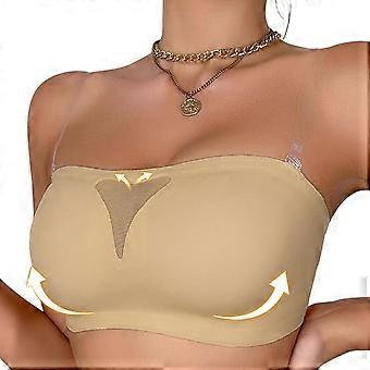 Womens Strapless Padded Bandeau Bra Nonslip Back Closure Invisible Push Up Wirefree Tube Top Bustier Bra with Mesh Front S light brown